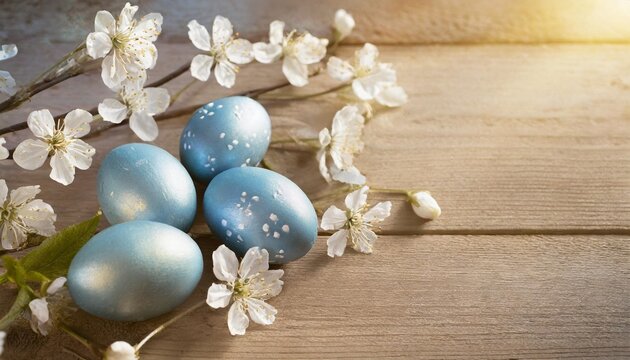 happy easter background with blue painted easter eggs white flowers on wood background