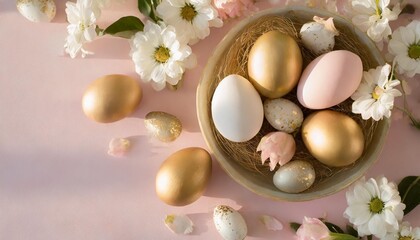 Fototapeta na wymiar easter flat lay of eggs with flowers on pink