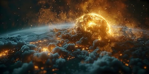 3D rendering of nuclear bombs destroying Earth in a global conflict. Concept Nuclear Conflict, 3D Rendering, Global Catastrophe, Destruction, Earth Crisis - obrazy, fototapety, plakaty