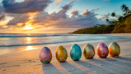 colorful painted easter eggs on paradise beach