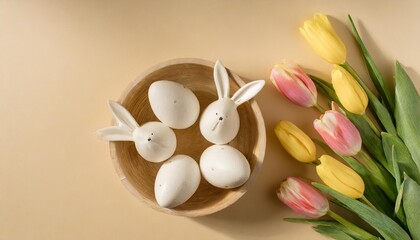 easter concept top view photo of white circle easter eggs in wooden holder ceramic bunnies yellow and pink tulips on isolated pastel beige background with copyspace