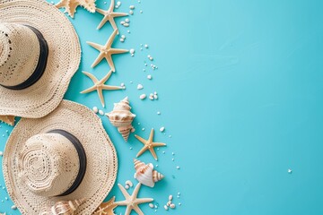 Beach accessories on blue background with sand