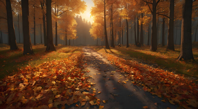 "Create a photorealistic 8K resolution image that embodies autumnal splendor. The scene should be rich with the vibrant hues of fall, featuring a variety of leaves in shades of gold, orange, red, and 