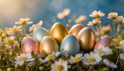 Fototapeta na wymiar colorful easter eggs among spring flowers against blue background