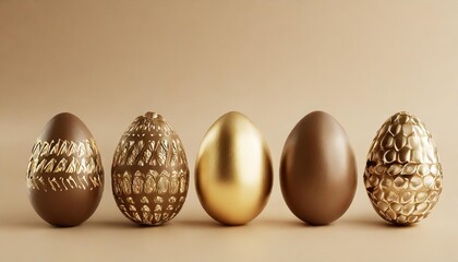 set of chocolate easter eggs with golden patterns on beige background 3d render illustration