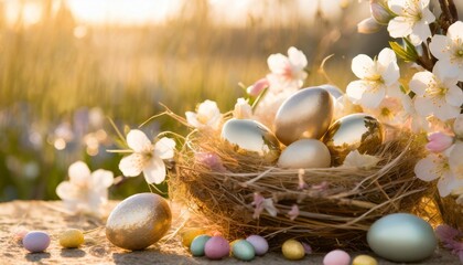 Fototapeta na wymiar creative holiday concept with easter eggs in nest spring flowers and candy