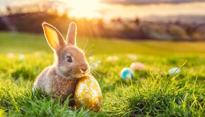 cute bunny rabbit with easter egg in green grass happy easter day background - obrazy, fototapety, plakaty