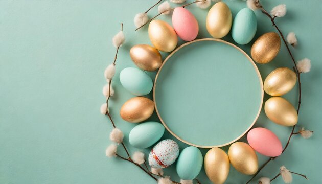easter celebration concept top view photo of turquoise circle and colorful easter eggs on isolated teal background with copyspace