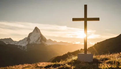 Foto op Plexiglas easter symbol cross against sunset mountain © Francesco