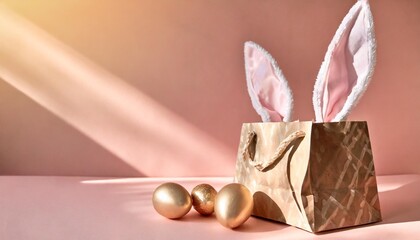 easter bunny ears and eggs in a paper bag on pink background with copy space