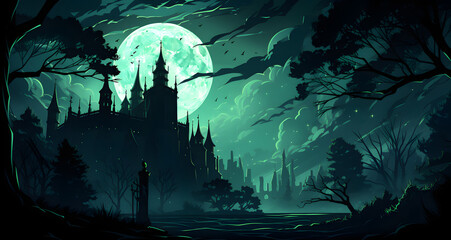 a dark - skinned castle on the moon lit hills