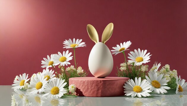 3d display podium creative easter egg on dark pink background daisy flowers with white rabbit happy easter holiday background viva magenta is a trend colour year in easter 3d render