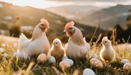 easter chicken family and eggs sitting in the grass - obrazy, fototapety, plakaty