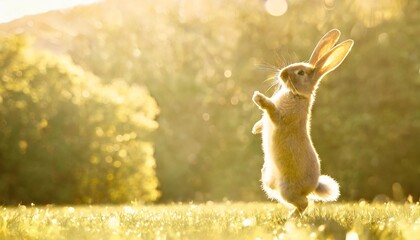 a cool bunny dancing for the upcoming easter sales event green poster background with copy space - obrazy, fototapety, plakaty