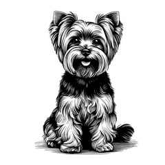 Full-length Yorkshire Terrier sitting. Hand Drawn Pen and Ink. Vector Isolated in White. Engraving vintage style illustration for print, tattoo, t-shirt