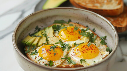 A bowl filled with food, topped with eggs cooked to perfection, creating a delicious and hearty meal.