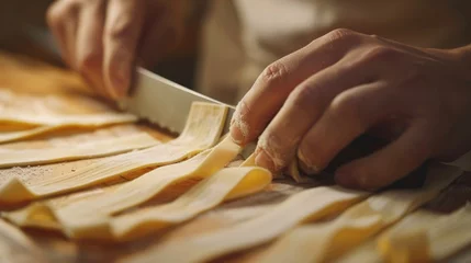 Fotobehang A person uses a knife to cut through a block of cheese on a wooden cutting board. © Justlight