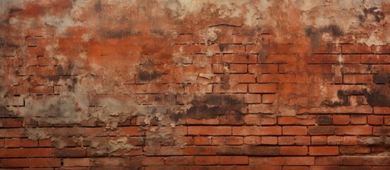 Detailed closeup of weathered brick wall with peeling paint, showcasing the beautiful textures and colors of the brickwork against a backdrop of green grass