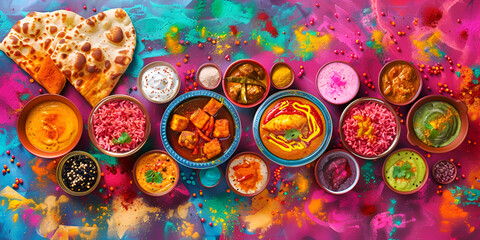 Assorted Indian Holi Festival Food on Colorful Background 