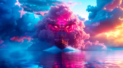 A pirate ship approaches a giant skull-shaped cloud formation in a dramatic, colorful seascape with a reflective ocean - obrazy, fototapety, plakaty