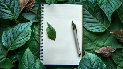 Eco-friendly notepad with pen on a green leafy table - obrazy, fototapety, plakaty