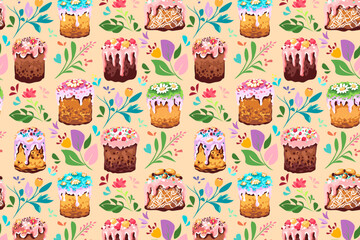 Happy Happy Easter seamless pattern. Vector set of traditional Easter cakes - 769254399