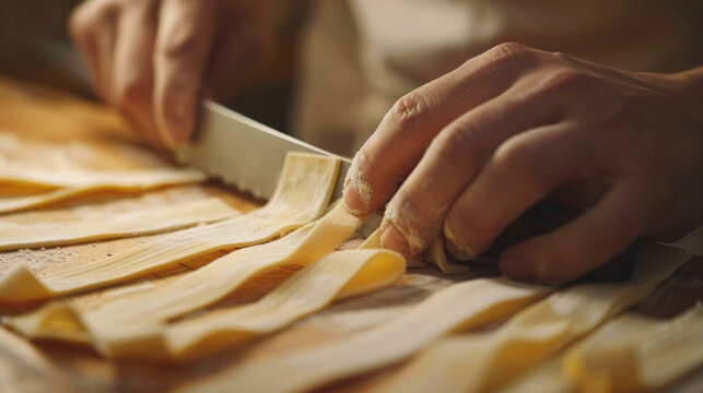 A person uses a knife to cut through a block of cheese on a wooden cutting board.