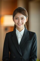 Confident professional business woman smiling happily with copy space on blurred background