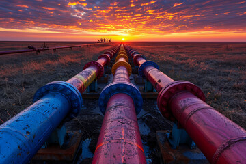 A photograph of an oil pipeline, sunset sky, the sky is vibrant and colorful, creating a breathtaking backdrop for the scene, low angle shot, wide angle lens, cinematic photography style... - obrazy, fototapety, plakaty