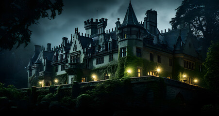 a house with a gothic turret lit by street lights