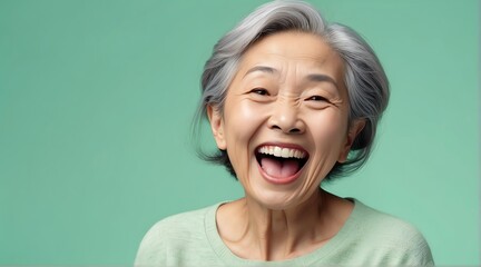 young asian elderly woman on plain bright green background laughing hysterically looking at camera background banner template ad marketing concept from Generative AI