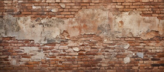 A detailed shot of a brown brick wall with peeling paint, showcasing the intricate pattern of the composite material in rectangular shapes