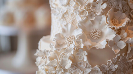 Detailed view of a wedding dress featuring intricate floral embellishments, showcasing delicate craftsmanship and elegant design.