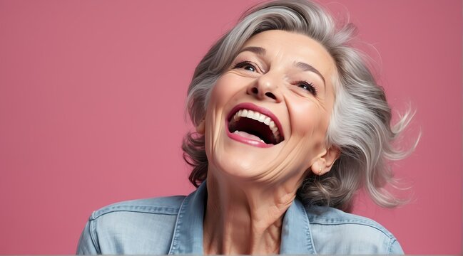 young italian elderly woman on plain bright pink background laughing hysterically looking at camera background banner template ad marketing concept from Generative AI