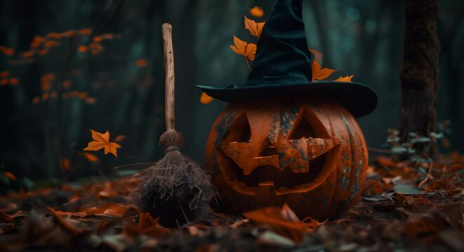 Witch's broom parked beside an enchanted pumpkin, midnight ride