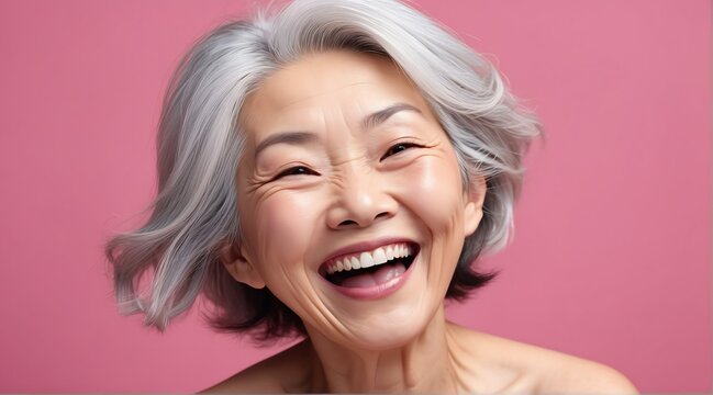 young japanese elderly woman on plain bright pink background laughing hysterically looking at camera background banner template ad marketing concept from Generative AI