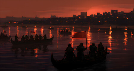 boats are on the water at sunset with a cityscape in the background - obrazy, fototapety, plakaty