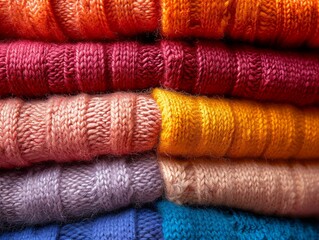 Wool Closeup images of wool textiles, including knits, tweeds, and felted wool, showcasing their warmth, softness, and distinctive textures, commonly used in sweaters, coats, and blankets , vibrant
