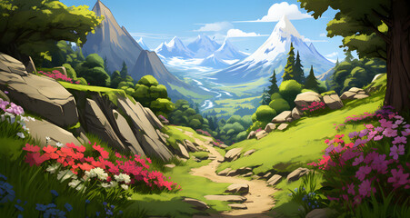 an animated drawing of a mountain valley scene