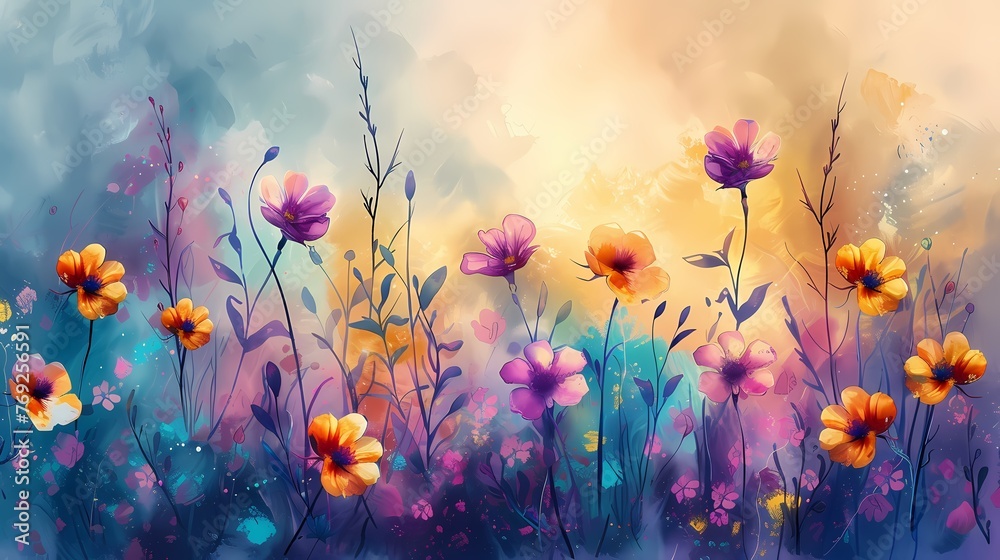 Fototapete Digital watercolor wild flowers canvas abstract graphics poster web page PPT background with generative