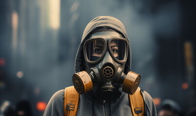 A person in the near future wearing an oxygen mask due to air pollution