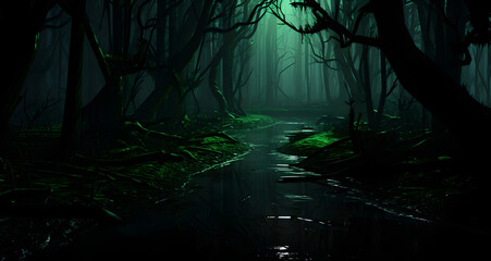 a stream in a dark green forest at night