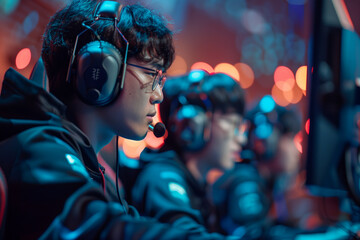 Korean pro gamers playing online e-games in online tournament.