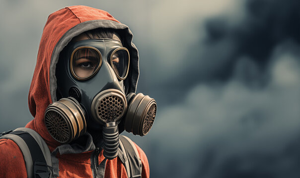 A Person In The Near Future Wearing An Oxygen Mask Due To Air Pollution