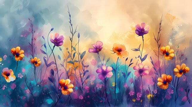 Digital watercolor wild flowers canvas abstract graphics poster web page PPT background with generative