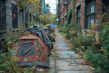 Overgrown and forgotten, tents line a once-busy urban path, telling a story of decay and abandoned hopes