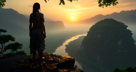 a woman stands on a cliff in front of a beautiful sunset