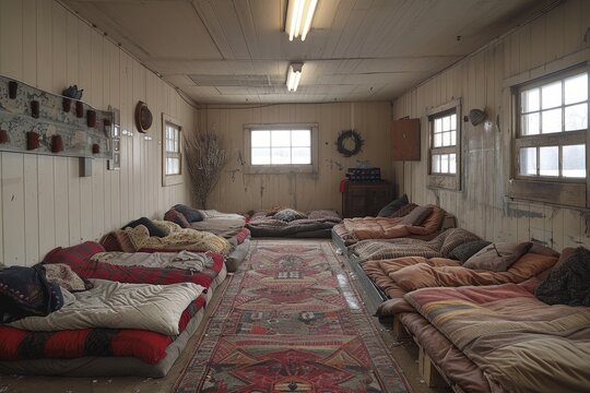 An interior view of a rustic bunkhouse with multiple beds lined up, each covered with different comforters