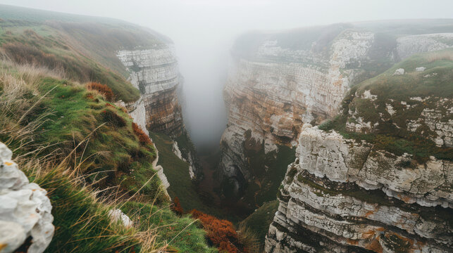 analogue still high angle shot of a foggy cave landscape