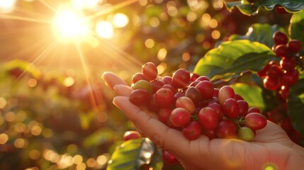 Harvesting arabica and robusta coffee berries by farmer s hand in agriculture field - obrazy, fototapety, plakaty